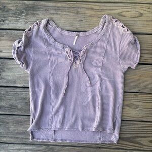 Free People Dusky Lavender Mesh Top With Lace Sleeves and Lace Up Neck